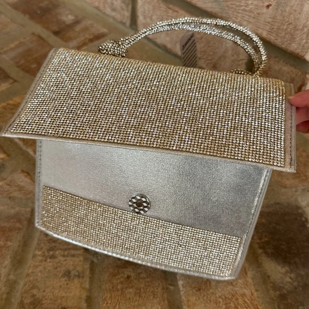 NWT Urban Expressions Silver Clutch/Purse with handle and matching chain straps.